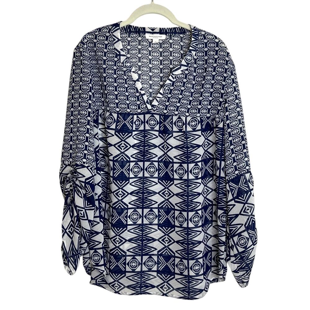 BeachLunchLounge Womens Tunic Top L Blue White Geometric Print Boho Sheer